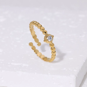 18K gold plated stainless steel open ring with beaded band and sparkling white zircon