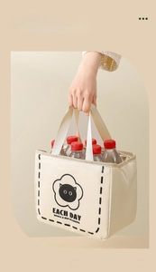 Macro detail of the cream insulated lunch bag showing large capacity for bottled water