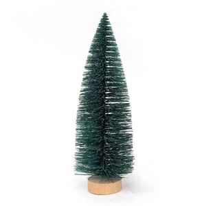 Miniature green glitter bottle brush Christmas tree with a natural round wooden base