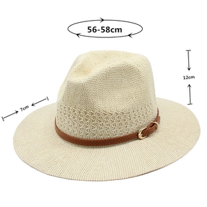 Detailed size chart of the woven fedora with leather belt showing dimensions and height