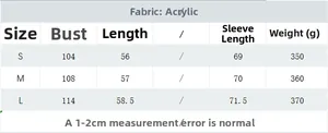 Size chart with measurements for women's acrylic crochet cardigan including weight data