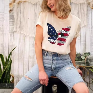 Men American Flag Butterfly Heart Independence Day 4th Of July Cotton Crew Neck Short Sleeve T-Shirt Casual Summer Top