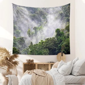 Bohemian forest tapestry featuring misty trees landscape for home wall decoration