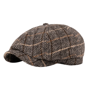 Classic men's herringbone newsboy hat with windowpane pattern in brownish-grey wool