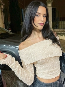 Slim off-the-shoulder cream top with long flare sleeves and 3D textured bubble fabric