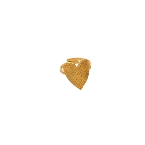 Close-up of hammered gold heart ring with vintage texture and adjustable open band
