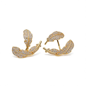 Elegant 18k gold plated feather stud earrings with cubic zirconia stones on white background