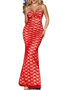 Elegant red lace fishtail dress with a deep V-neck and decorative metal buckle detail