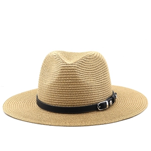 Chapeau fedora en paille pour hommes et femmes avec bande en cuir noir et boucle métal