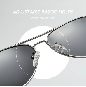 Detail of adjustable silicone nose pads on silver metal frame polarized sunglasses