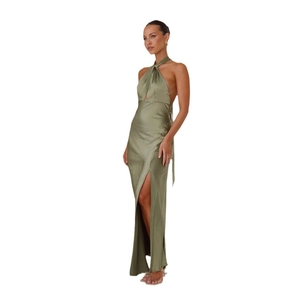 Sexy halter neck grass green satin maxi dress with a side slit and slim fit silhouette