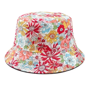 Floral double-sided cotton bucket hat with colorful summer flower pattern for sun protection