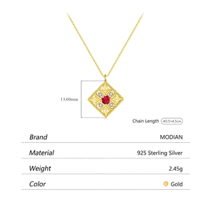 925 Sterling silver hollow square necklace with red stone and dimensions display