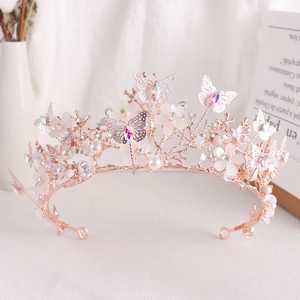 Golden Baroque bridal crown with crystals, butterfly details and pearls for wedding