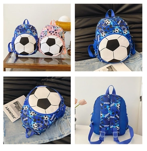 Detailed views of blue and pink football themed kids backpacks with breathable mesh back