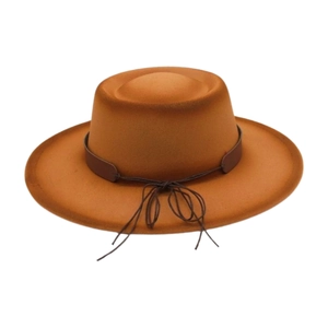 Flat top wide brim wool felt jazz hat in ochre with brown leather band and bow detail