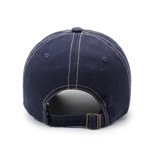 Retro washed navy blue baseball cap with contrast stitching and adjustable metal buckle