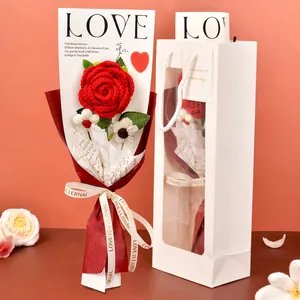 Handmade crochet red rose bouquet in gift box with white tote bag and love card