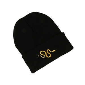 Winter knitted black beanie featuring a golden snake embroidery on the folded cuff