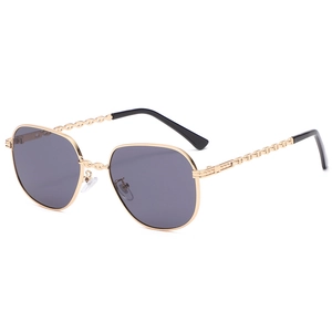 Chic small square metal sunglasses with hollow chain temples and gray lenses