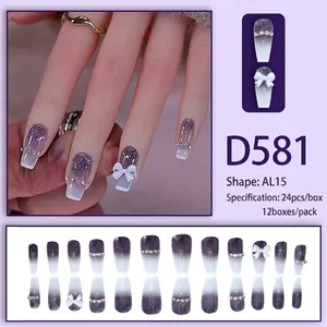 Long ballerina press-on nails with purple gradient, silver glitter and 3D bow design