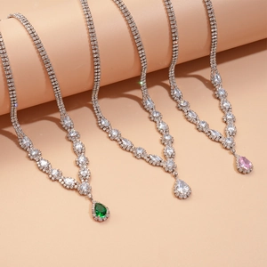 Luxury zircon water drop necklace and earring set in green, white and pink stones