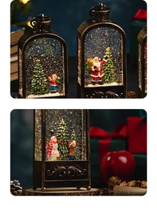 Close-up of vintage bronze Christmas lantern featuring a snowy Santa Claus scene