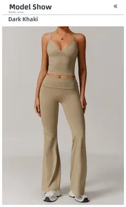 Dark khaki two-piece yoga set with V-neck tank top and flared leggings on model