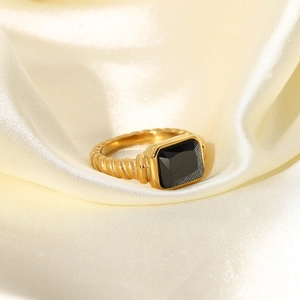 Retro 18K gold plated stainless steel ring with black rectangular zircon on silk