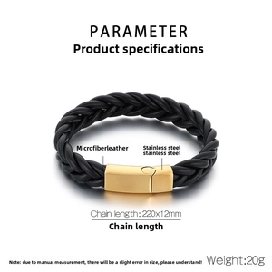 Size specifications of the black microfiber leather and golden stainless steel bracelet