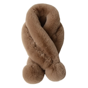 Brown faux rabbit fur scarf with plush pom-poms for warm winter neck protection