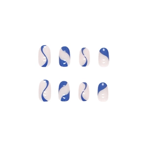 Blue and white irregular wave pattern round press-on nails set of 8 pieces