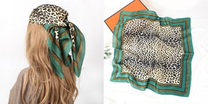 Detail of leopard print silk scarf showing split view of model wearing it and flat layout