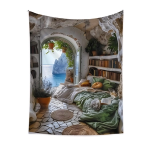 Detailed close-up of high-definition ocean cave tapestry with soft fiber texture