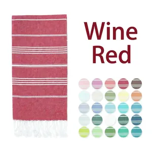 Wine red Turkish beach towel with white stripes and tassels with 25 color variations