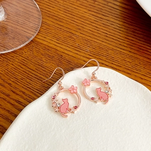 Rose gold cat hoop earrings with pink petals and sparkling crystals for women