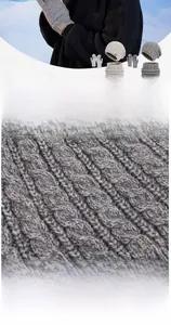 Detailed knit texture of 3-piece winter set featuring touchscreen gloves and neck warmer