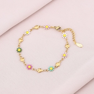 Colorful floral heart stainless steel bracelet with gold plating and adjustable clasp