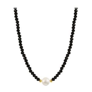 Minimalist black beaded choker necklace featuring a large white pearl and gold spacers