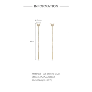 Detail showing 6.5mm butterfly dimensions and 6cm tassel chain length on S925 silver earring