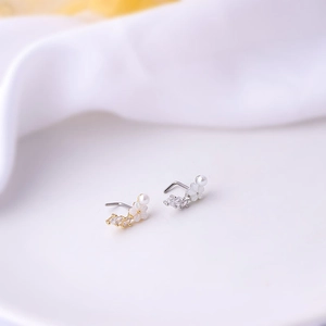 Titanium steel nose studs with flower design, colorful zircon and pearl in gold and silver