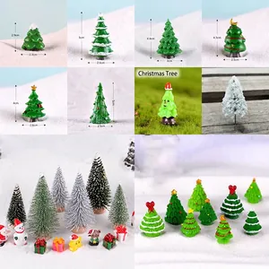 Miniature Christmas resin figurines set featuring Santa, snowman, deer, and pine trees