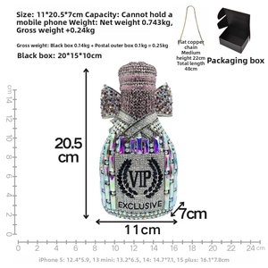 Detailed size chart for crystal wine bottle clutch with 11x20.5x7cm dimensions and weights