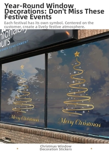 Close-up of golden spiral Christmas tree window decal with Merry Christmas text on glass