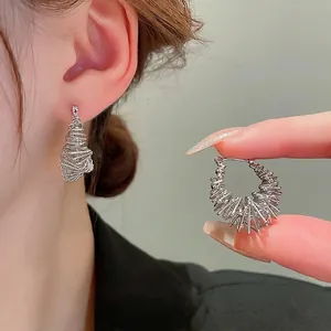 Irregular Geometric Copper Hoop Earrings Silver Color Minimalist Spiral Winding Texture Niche Design Fashion Jewelry