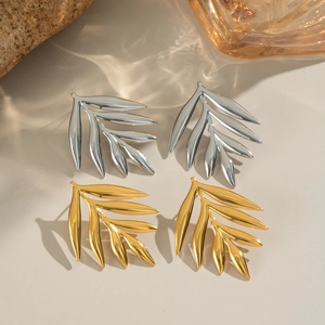 Modern leaf-shaped stainless steel stud earrings in polished gold and silver finishes