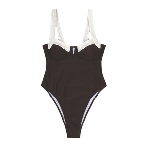 Classic black and white one-piece swimsuit with thick straps and high-cut leg design