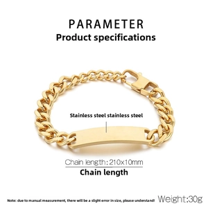 Detailed view of polished stainless steel cuban curb chain bracelet with blank ID bar tag