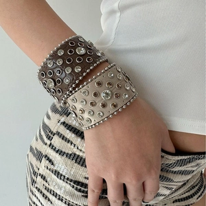 Wide Faux Leather Cuff Bracelet With Rhinestone Rivet Punk Hip Hop Style Snap Button Jewelry For Women Accessory