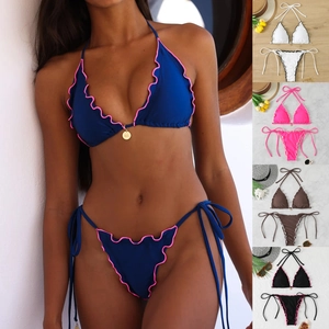 Women Ruffle Halter Neck Bikini Sexy Swimwear Nylon Spandex Beachwear Padded Swimsuit Beach Bathing Suit